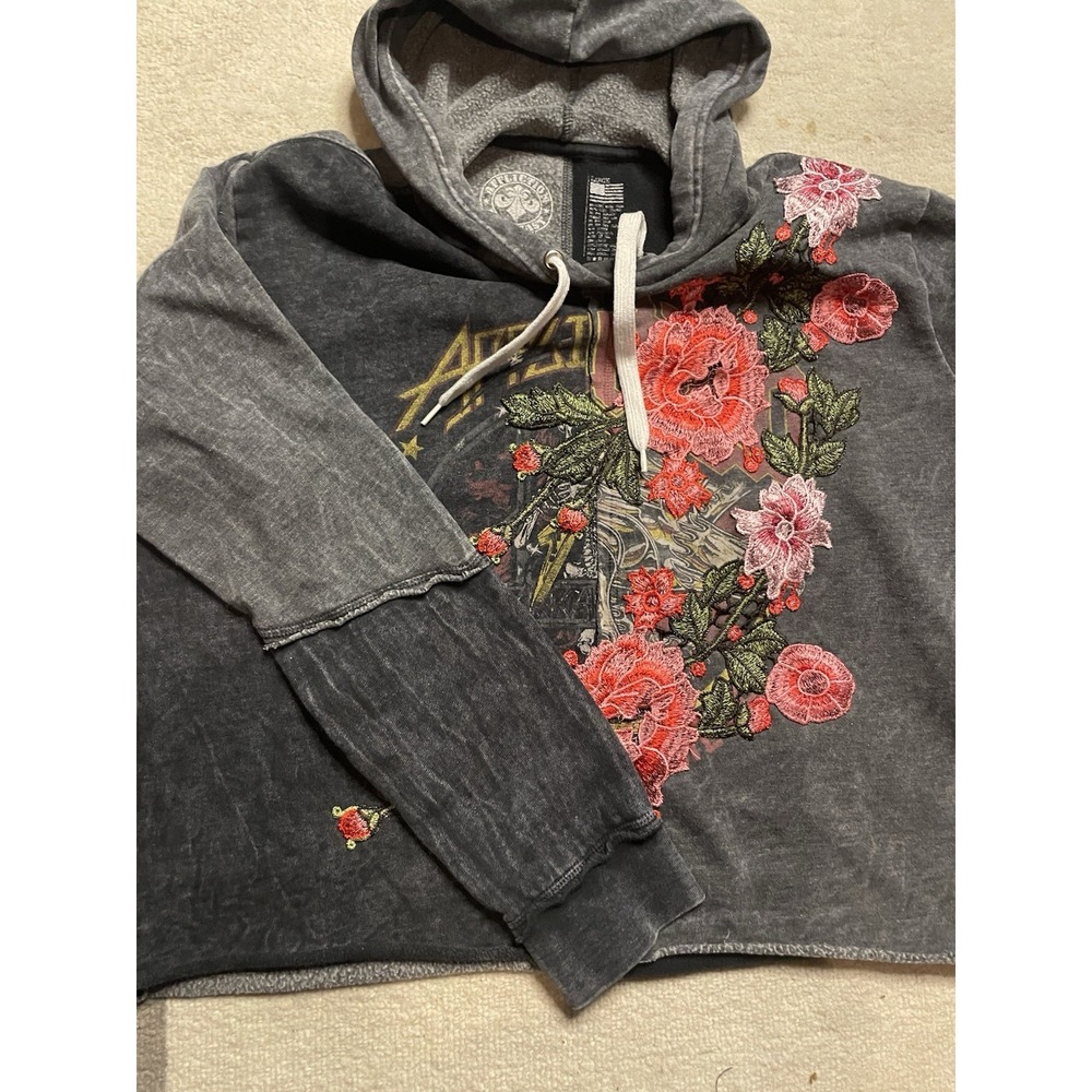 AFFLICTION Hysteria Graphic Hoodie Pullover Acid Black Embroidered Women's L - Picture 13 of 16